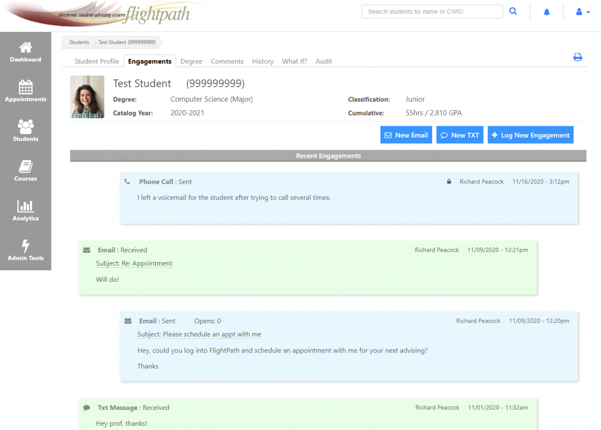 Send and receive emails and text messages from within FlightPath